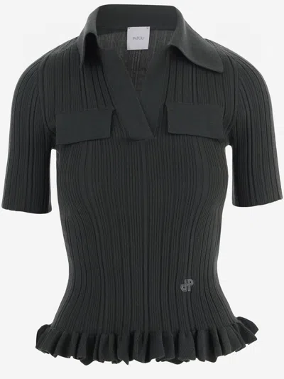 Patou Stretch Wool Blend Sweater With Ruffles In Green