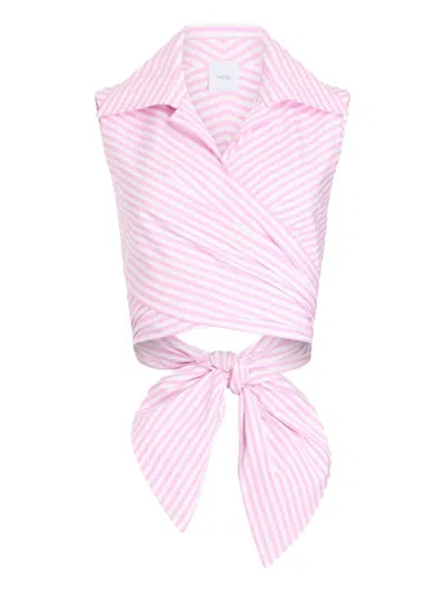 Patou Striped Sleeveless Top Collared Neck Tie Detail In Pink
