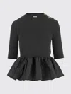 Patou Ribbed Sweater With Ruffled Hem In Wool And Faille In Black