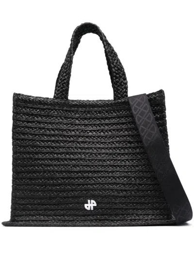 Patou Small Raffia Tote Bag In Black
