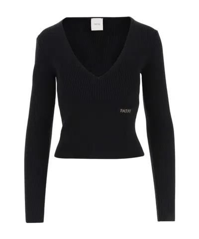 Patou Women's V-neck Knit Patch Logo In Black