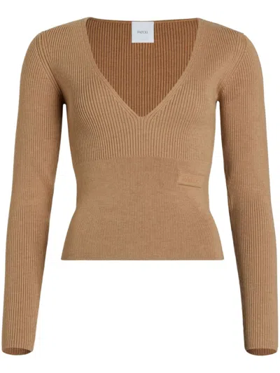 Patou V-neck Ribbed Sweater In Brown