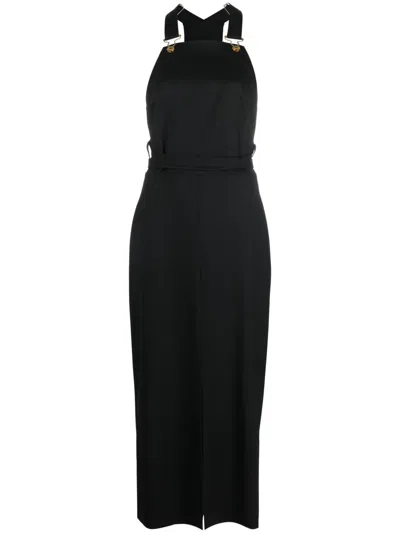 Patou Wool Dungaree Dress With Belt And Slit In Black