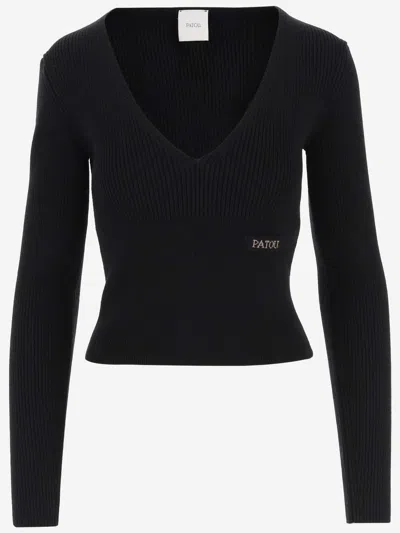 Patou Women's V-neck Knit Patch Logo In Black