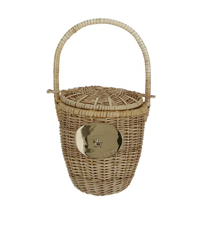 Patou Logo Plaque Wicker Bucket Bag In Beige
