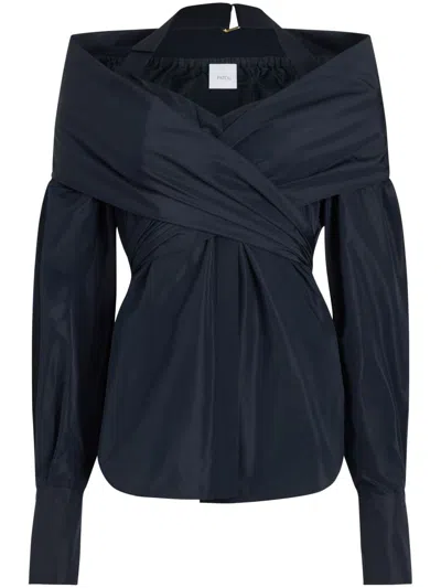 Patou Off-the-shoulder Wrap-effect Sateen Blouse In Blue