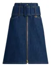 Patou Zip-front Belted Denim Skirt In Blue