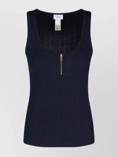 Patou Zipper Front Ribbed Scoop Neck Top In Blue