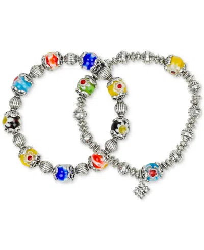 Patricia Nash Beaded Silver-tone Two-strand Stretch Bracelet Set In Metallic