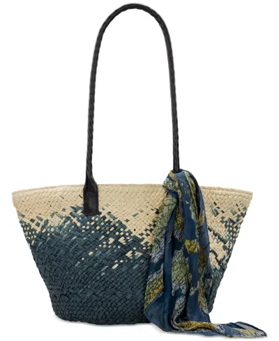 Patricia Nash Calypso Medium Woven Straw Tote With Greek Floral Scarf In Navy,natural