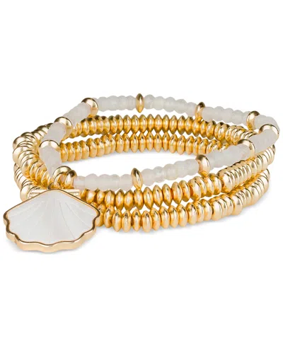 Patricia Nash Gold-tone 3-pc. Set Mother-of-pearl Shell Charm Beaded Stretch Bracelets In Matte Gold