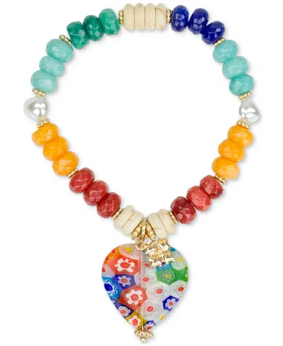 Patricia Nash Gold-tone Heart Charm Beaded Stretch Bracelet