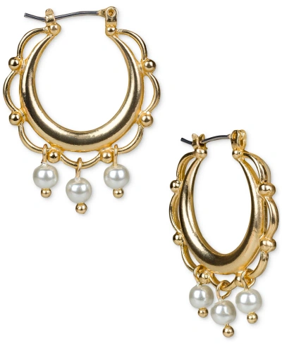 Patricia Nash Gold-tone Imitation Pearl Charm Scalloped Hoop Earrings In Egyptian Gold,white