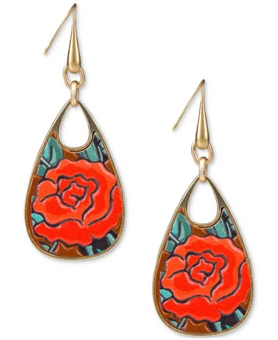 Patricia Nash Gold-tone Rose Printed Leather Drop Earrings In Antique Go