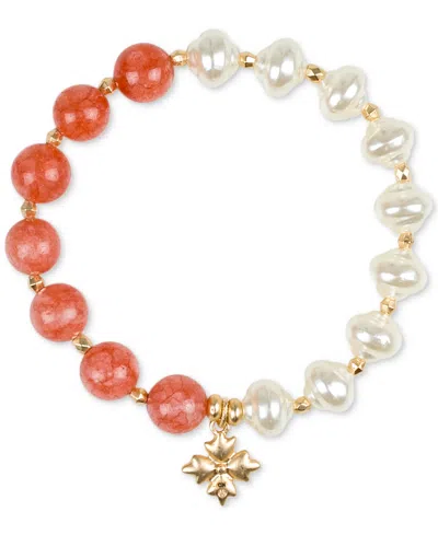 Patricia Nash Gold-tone Stone & Imitation Pearl Stretch Bracelet In Egyptian Pink