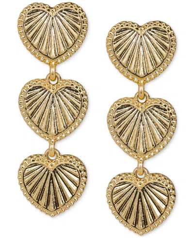 Patricia Nash Gold-tone Sunray Texture Triple Heart Drop Earrings In Worn Gold