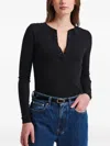 Patrick Assaraf Henley Button Ribbed Top In Black