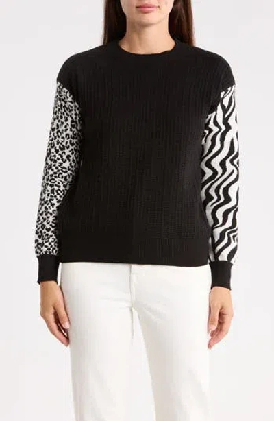 Patrizia Luca Animal Pattern Sleeve Crewneck Sweater In Black