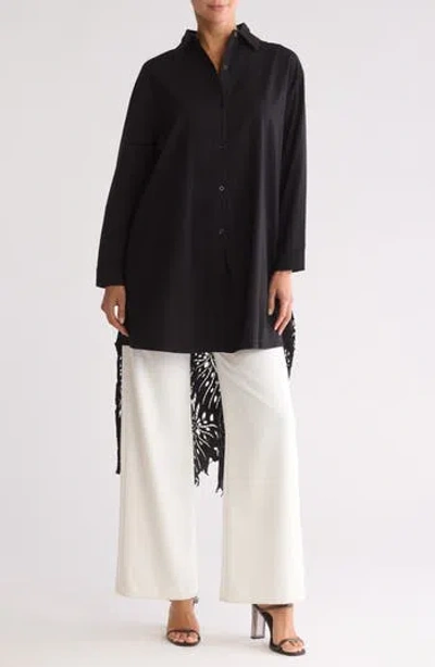 Patrizia Luca Embroidered Eyelet Split Back Button-up Tunic Shirt In Black