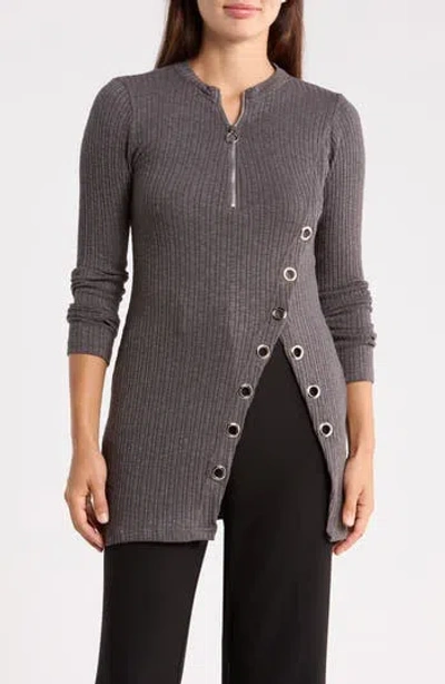 Patrizia Luca Grommet Half Zip Ribbed Tunic Top In Gray