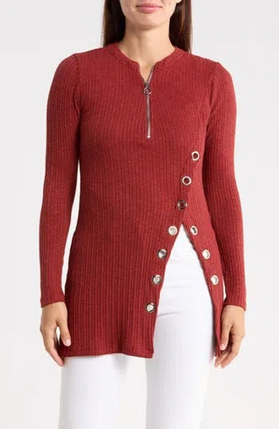 Patrizia Luca Grommet Half Zip Ribbed Tunic Top In Red