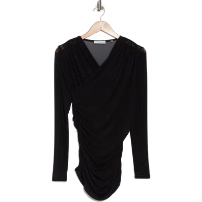 Patrizia Luca Long Sleeve Ruched Mesh Top In Black