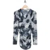 Patrizia Luca Long Sleeve Ruched Mesh Top In Grey Print