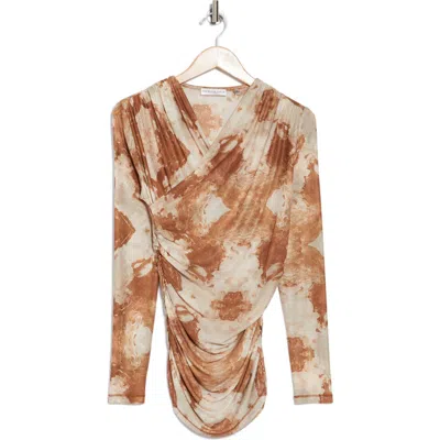Patrizia Luca Long Sleeve Ruched Mesh Top In Taupe Print