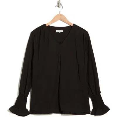Patrizia Luca Long Sleeve Smocked Cuff V-neck Top In Black
