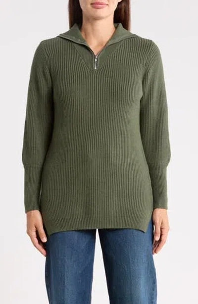 Patrizia Luca Ribbed Quarter Zip Sweater In Green