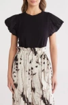 Patrizia Luca Ruched Puff Sleeve Mixed Media T-shirt In Black