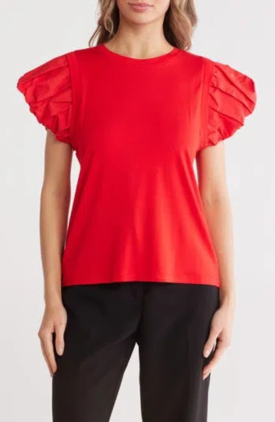 Patrizia Luca Ruched Puff Sleeve Mixed Media T-shirt In Red