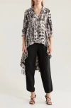 Patrizia Luca Ruffle Print High-low Button-up Tunic Top In Grey