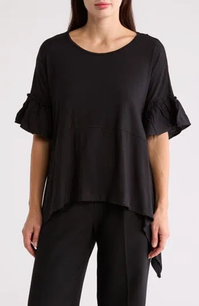 Patrizia Luca Ruffle Short Sleeve Sharkbite Hem Top In Black