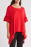 Patrizia Luca Ruffle Short Sleeve Sharkbite Hem Top In Red
