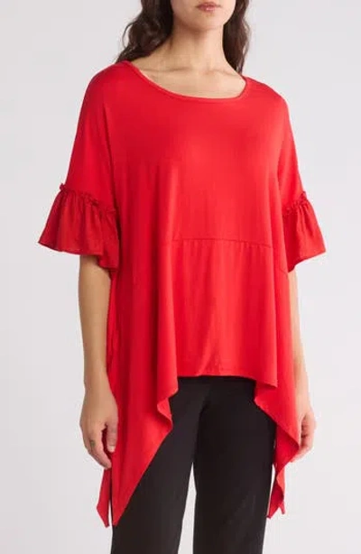 Patrizia Luca Ruffle Short Sleeve Sharkbite Hem Top In Red