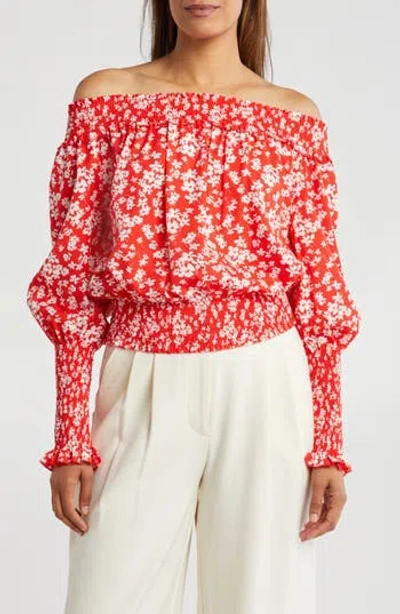 Patrizia Luca Smocked Off-the-shoulder Top In Red