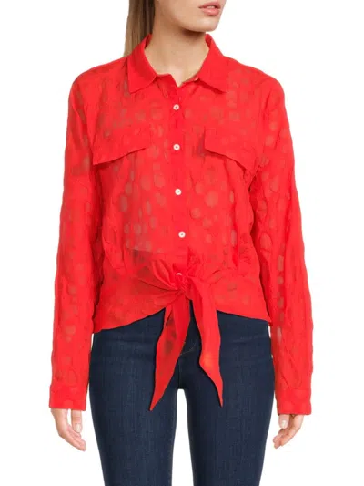 Patrizia Luca Women's Dotted Tie Front Button Blouse In Coral