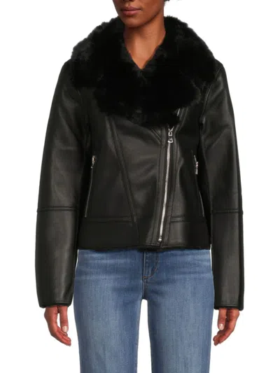 Patrizia Luca Women's Faux Fur Trim & Lined Moto Jacket In Black