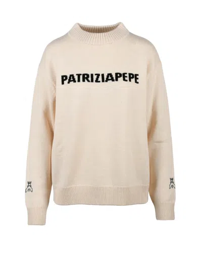 Patrizia Pepe Acrylic And Wool Blend Sweater With Bold Lettering In Beige