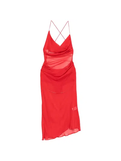 Patrizia Pepe Asymmetric Dress In Silk Chiffon With Draping In Red