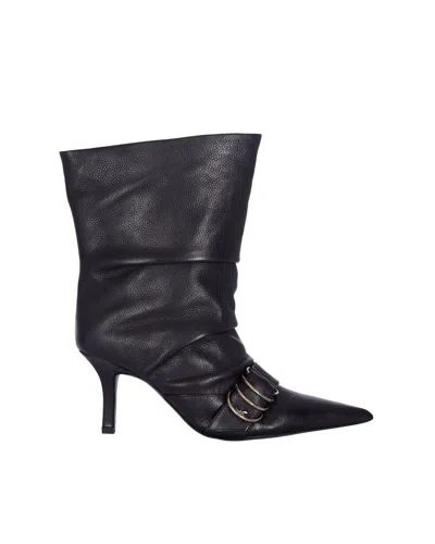 PATRIZIA PEPE ASYMMETRICAL BLACK LEATHER BOOTS WITH FRONT BUCKLE DETAIL