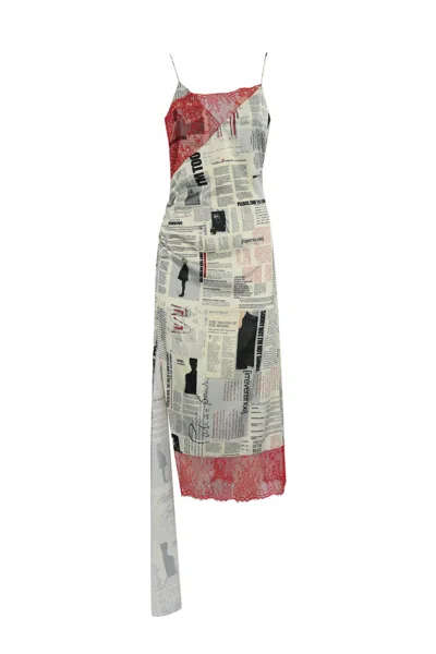 Patrizia Pepe Asymmetrical Newspaper Print Dress With Lace In Manifesto Print