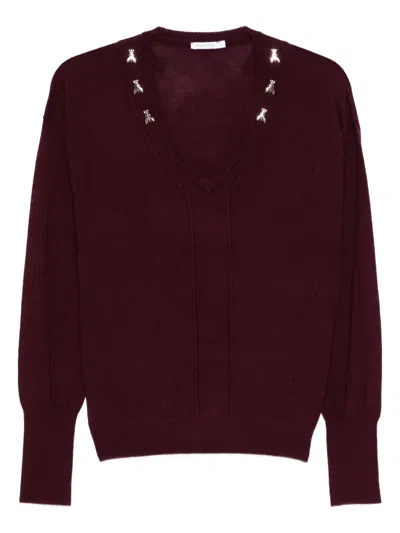 Patrizia Pepe Bee-embellished V-neck Sweater In Burgundy