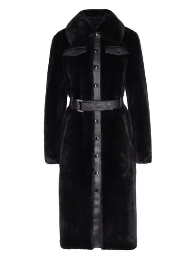 Patrizia Pepe Faux Fur Coat With Maxi Collar And Logo Buttons In Black