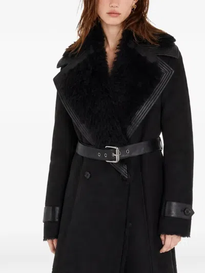 Patrizia Pepe Belted Faux-shearling Coat In Black