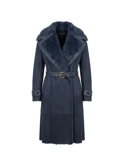 Patrizia Pepe Belted Shearling Coat In Blue