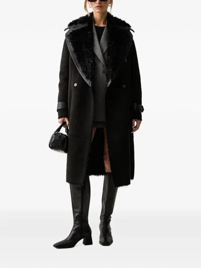 Patrizia Pepe Belted Shearling-collar Coat In Black
