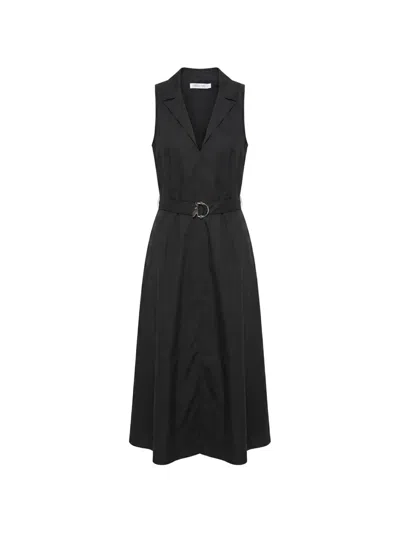 Patrizia Pepe Belted Sleeveless Cotton Midi Dress In Black