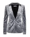 Patrizia Pepe Single-breasted Blazer In Stretch Crushed Velvet With Rivet Detail In Gray